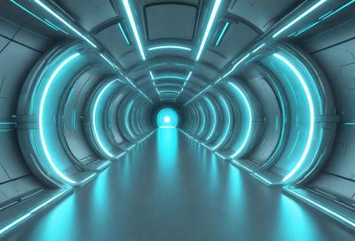 The primary subject of the image is a long, narrow, blue-lit tunnel. The setting is a futuristic environment, with the tunnel being the main focus of the scene. The visual style is a digital art, illustration, or drawing, creating a sense of depth and intrigue. The dominant colors are blue and white, giving the tunnel a futuristic and sleek appearance.