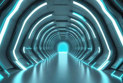 The primary subject of the image is a long, narrow hallway with a blue lighting effect. The setting is a futuristic environment, possibly a space station or a high-tech facility. The visual style is a combination of digital art and illustration, creating a unique and captivating atmosphere. The dominant colors are blue and white, giving the scene a cool and modern feel.