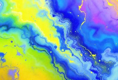The primary subject of the image is a colorful, swirling pattern that resembles a painting or a digital artwork. The setting is a blue and yellow background, which adds to the vibrant atmosphere of the scene. The visual style appears to be a combination of photo and digital art, creating a unique and eye-catching image. The dominant colors are blue and yellow, which evoke a sense of energy and creativity.