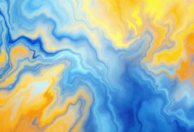 The primary subject of the image is a blue and yellow painting featuring a swirling pattern. The setting is a blue background, and the visual style appears to be a digital art or illustration. The dominant colors in the painting are blue and yellow, creating a vibrant and lively atmosphere.