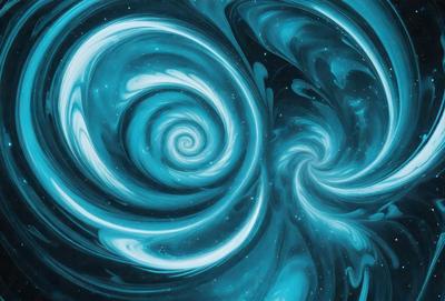 The primary subject of the image is a spiral pattern, which is a blue swirl. The setting is a black background, and the visual style is digital art. The dominant colors are blue and black, creating a sense of depth and intrigue.
