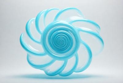 The primary subject of the image is a blue glass flower with a spiral design. The flower is made up of multiple blue glass petals that are intertwined, creating a visually appealing and unique piece of art. The setting is a white background, which allows the blue glass flower to stand out and be the main focus of the image. The visual style is a combination of artistic craftsmanship and digital art, as the flower is created using glass and then digitally manipulated to achieve the desired spiral design. The