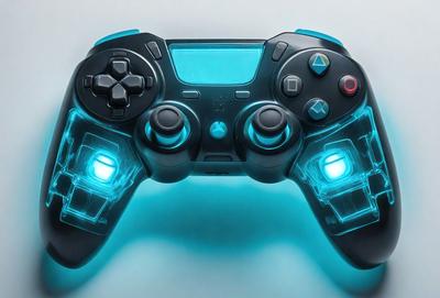 The primary subject of the image is a black and blue video game controller. The controller is placed on a white surface, which serves as the background. The visual style of the image is a close-up of the controller, showcasing its details. The dominant colors in the image are black and blue, creating a sleek and modern appearance.