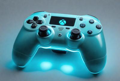 The primary subject of the image is a blue video game controller. The controller is placed on a gray surface, which serves as the setting or background. The visual style of the image is a photo, capturing the details of the controller. The dominant colors in the image are blue and gray, creating a calm and modern atmosphere.