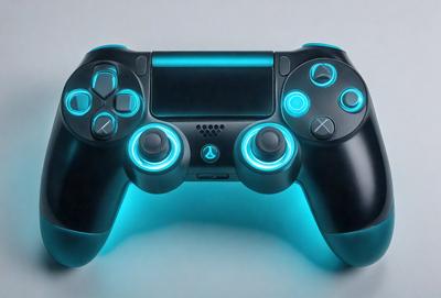 The primary subject of the image is a black and blue video game controller. The controller is placed on a white surface, which serves as the background. The visual style of the image is a close-up of the controller, showcasing its details. The dominant colors in the image are black and blue, creating a sleek and modern appearance.