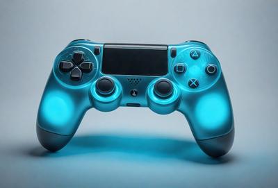 The primary subject of the image is a blue video game controller. The controller is placed on a blue surface, which creates a visually appealing contrast with the controller's color. The setting appears to be indoors, possibly in a room dedicated to gaming or entertainment. The visual style of the image is a close-up of the controller, emphasizing its details and design. The dominant colors in the image are blue and white, giving the scene a calm and relaxing atmosphere.