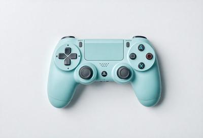 The primary subject of the image is a blue video game controller. The controller is placed on a white surface, which serves as the background. The visual style of the image is a photo, capturing the details of the controller. The dominant colors in the image are blue and white, creating a clean and modern atmosphere.