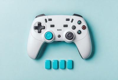 The primary subject of the image is a white video game controller with blue buttons. The controller is placed on a blue surface, which serves as the setting or background. The visual style of the image is a photo, capturing the details of the controller and its buttons. The colors and mood of the image are predominantly blue, creating a calm and relaxing atmosphere.