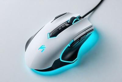 The primary subject of the image is a white computer mouse with a blue light on the bottom. The mouse is placed on a white surface, which serves as the background. The visual style of the image is a close-up of the mouse, showcasing its details. The colors and mood of the image are predominantly white and blue, giving it a clean and modern appearance.