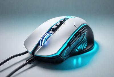 The primary subject of the image is a white computer mouse with blue accents. The mouse is placed on a white surface, which serves as the background. The visual style of the image is a close-up of the mouse, showcasing its details. The colors and mood of the image are predominantly white and blue, creating a clean and modern appearance.