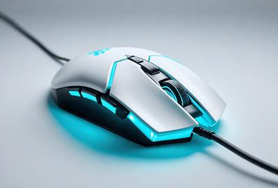 The primary subject of the image is a white computer mouse with blue accents. The mouse is placed on a white surface, which serves as the background. The visual style of the image is a photo, capturing the details of the mouse and its surroundings. The colors and mood of the image are predominantly white and blue, creating a clean and modern appearance.