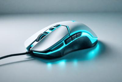 The primary subject of the image is a white and blue computer mouse. The mouse is placed on a gray surface, which serves as the setting or background. The visual style of the image is a photo, capturing the details of the mouse and its surroundings. The dominant colors in the image are white and blue, creating a clean and modern appearance.
