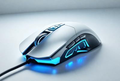 The primary subject of the image is a white computer mouse with blue accents. The mouse is placed on a white surface, which serves as the setting or background. The visual style of the image is a photo, capturing the details of the mouse and its surroundings. The colors and mood of the image are predominantly white and blue, creating a clean and modern appearance.