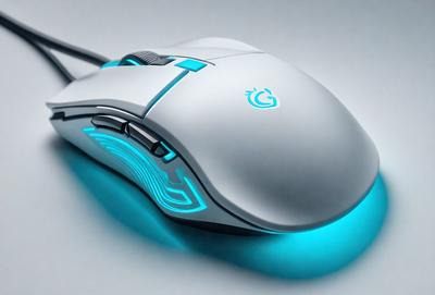 The primary subject of the image is a computer mouse. The mouse is white and has a blue glow. The setting is a white background, which provides a clean and minimalist appearance. The visual style is a close-up of the mouse, showcasing its details and design. The colors and mood of the image are predominantly white and blue, creating a sense of modernity and sophistication.