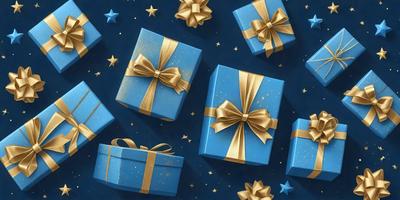 The primary subject of the image is a collection of blue and gold wrapped presents. The setting is a dark blue background, which contrasts with the bright colors of the presents. The visual style is a combination of digital art and illustration, creating a vibrant and eye-catching scene. The colors and mood of the image are predominantly blue and gold, giving it a warm and festive atmosphere.