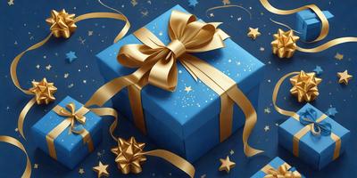 The primary subject of the image is a blue box with a gold bow on top. The box is placed on a blue background, which adds to the overall color scheme of the image. The visual style of the image is a combination of photo and digital art, creating a realistic yet artistic representation of the box and bow. The colors and mood of the image are predominantly blue and gold, giving it a warm and festive atmosphere.