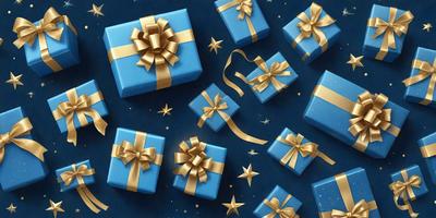 The primary subject of the image is a collection of blue and gold wrapped presents. The presents are arranged in various positions, creating a visually appealing scene. The setting is a dark blue background, which contrasts with the bright colors of the presents. The visual style is a combination of digital art and illustration, giving the image a unique and eye-catching appearance. The dominant colors are blue and gold, creating a warm and festive atmosphere.