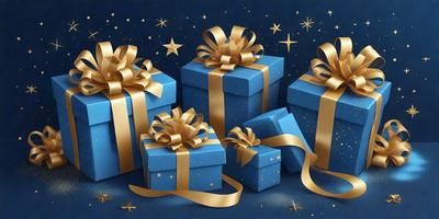 The primary subject of the image is a collection of blue and gold wrapped presents. The presents are arranged in a visually appealing manner, with some of them placed on a blue surface. The setting appears to be a nighttime scene, with the presents being the main focus of the image. The visual style of the image is a combination of digital art and illustration, creating a vibrant and festive atmosphere. The dominant colors in the image are blue and gold, which contribute to the overall mood of the scene.