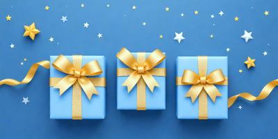 The primary subject of the image is three gold ribboned presents, each with a bow, placed on a blue background. The setting is a night sky, which adds a sense of wonder and magic to the scene. The visual style is a combination of photo and digital art, creating a realistic yet whimsical atmosphere. The colors are predominantly blue and gold, giving the image a warm and festive mood.