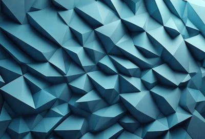 The primary subject of the image is a blue wall with a geometric pattern. The setting is a room with a blue wall, and the visual style is a digital art or illustration. The dominant colors are blue and white, creating a calm and soothing atmosphere.