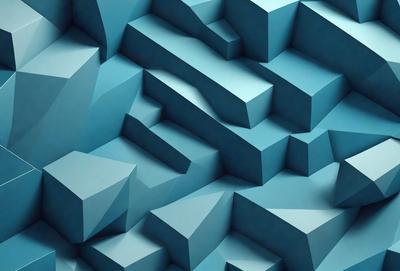 The primary subject of the image is a blue, three-dimensional pattern made up of many small blue squares. The setting is a blue background, which creates a visually striking contrast with the pattern. The visual style is a combination of digital art and illustration, as the pattern appears to be a digital creation. The colors and mood of the image are predominantly blue, creating a calm and soothing atmosphere.