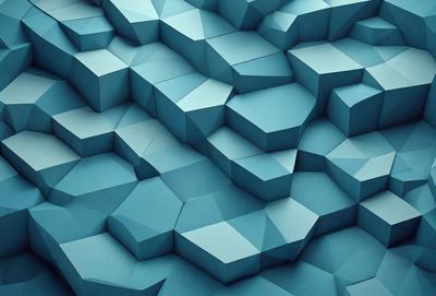 The primary subject of the image is a blue, geometric pattern made up of various shapes, such as triangles and squares. The setting is a blue background, which complements the vibrant colors of the pattern. The visual style is a combination of digital art and illustration, creating a unique and eye-catching design. The dominant colors are blue and white, giving the pattern a clean and modern appearance.