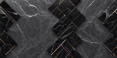 The primary subject of the image is a black and gold marble tile. The setting is a black marble countertop, and the visual style is a close-up of the tile. The colors and mood of the image are predominantly black and gold, giving it a luxurious and elegant appearance.