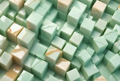 The primary subject of the image is a large, intricate, and colorful arrangement of green and white blocks. The setting is a green and white marbled surface, which serves as the background for the blocks. The visual style of the image is a combination of digital art and illustration, creating a unique and eye-catching pattern. The colors and mood of the image are vibrant and lively, with the green and white blocks creating a sense of depth and complexity.