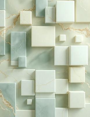 The primary subject of the image is a large, intricate tile wall with a blue and white color scheme. The setting is a room with a marble surface, which adds to the luxurious and elegant atmosphere. The visual style is a combination of digital art and illustration, creating a unique and artistic design. The colors and mood of the image are predominantly blue and white, giving it a clean, sophisticated, and modern appearance.