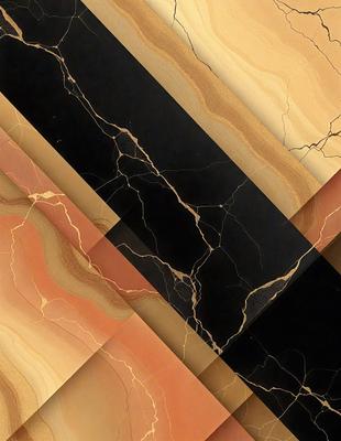 The primary subject of the image is a marble countertop with a black and gold pattern. The setting is a kitchen, and the visual style is a combination of photo and digital art. The dominant colors are black, gold, and brown, creating a luxurious and elegant atmosphere.
