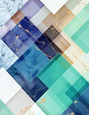 The primary subject of the image is a marble-like pattern, which is a combination of blue, green, and gold colors. The setting is a white wall, and the visual style appears to be a digital art or illustration. The colors and mood of the image are vibrant and lively, creating a visually appealing and dynamic pattern.