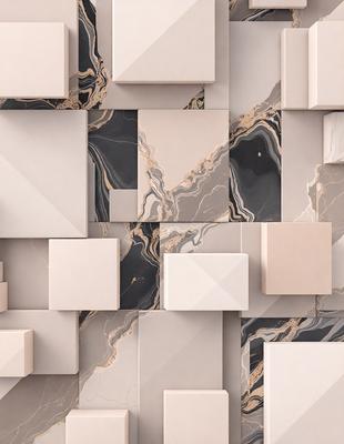 The primary subject of the image is a collection of square-shaped blocks, which are arranged in a visually appealing manner. The setting is a black and white marble-like surface, creating a contrasting backdrop for the blocks. The visual style of the image is a combination of photo and digital art, as it appears to be a photograph of a digital artwork. The colors and mood of the image are predominantly black and white, giving it a classic and elegant appearance.