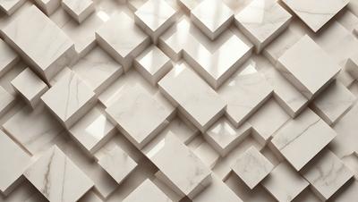 The primary subject of the image is a marble wall with a pattern of square shapes. The setting is a room with a window, and the visual style is a close-up of the marble wall. The colors and mood of the image are predominantly white, giving it a clean and elegant appearance.