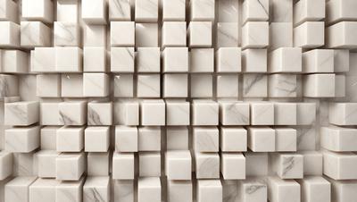 The primary subject of the image is a large, white marble wall with a pattern of square blocks. The setting is a room with a white marble surface, which adds to the overall visual style. The image is a digital art piece, showcasing the intricate design of the marble wall. The dominant colors are white and gray, creating a clean and elegant atmosphere.