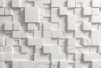 The primary subject of the image is a large, white marble wall with a pattern of square tiles. The setting is a room with a white marble wall, and the visual style is a close-up of the wall. The colors and mood of the image are predominantly white, giving it a clean and elegant appearance.