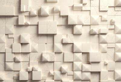The primary subject of the image is a large white wall with a pattern of white squares. The setting is a room with a white brick wall, and the visual style is a combination of digital art and illustration. The dominant colors are white, and the overall atmosphere is clean and minimalistic.