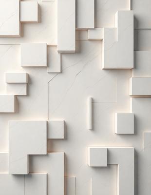 The primary subject of the image is a white marble wall with a pattern of white squares. The setting is a room with a white marble floor. The visual style is a combination of digital art and illustration, creating a unique and intricate design. The colors and mood of the image are predominantly white, giving it a clean and minimalist appearance.