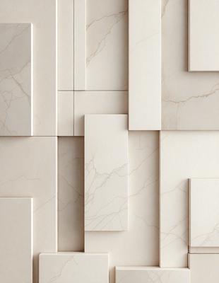 The primary subject of the image is a marble wall with a pattern of squares. The setting is a room with a white marble wall, and the visual style is a photo. The dominant colors are white and grey, creating a clean and elegant atmosphere.
