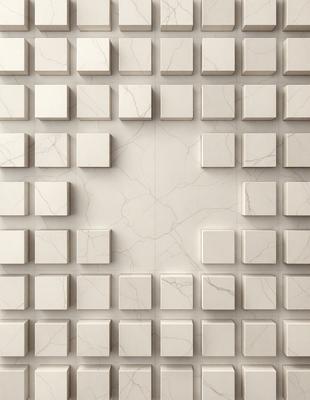 The primary subject of the image is a large white marble tile wall. The setting is a room with a white marble tile floor. The visual style is a pattern of white square tiles, creating a clean and elegant appearance. The colors and mood are predominantly white, giving the space a bright and airy feel.