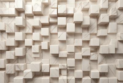 The primary subject of the image is a large, white marble wall with a pattern of square blocks. The setting is a room with a white marble wall, and the visual style is a close-up of the wall. The colors and mood of the image are predominantly white, giving it a clean and elegant appearance.