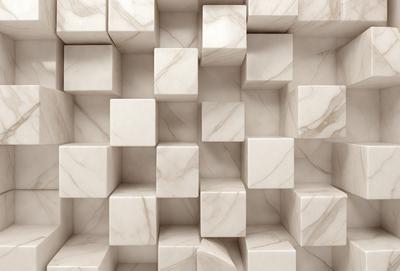 The primary subject of the image is a large marble wall with a pattern of square blocks. The setting is a room with a white marble wall, which creates a clean and elegant atmosphere. The visual style is a combination of a photo and digital art, as the marble wall appears to be a real marble wall, but the pattern of square blocks is digitally created. The colors and mood of the image are predominantly white, giving it a calm and sophisticated appearance.