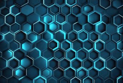 The primary subject of the image is a blue and white honeycomb pattern. The setting is a blue background, which creates a visually appealing contrast with the honeycomb pattern. The visual style is a digital art or illustration, as the honeycomb pattern is intricately detailed and well-defined. The dominant colors are blue and white, giving the image a clean and modern appearance.