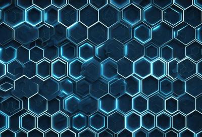 The primary subject of the image is a blue and white hexagonal pattern. The setting is a blue background, and the visual style appears to be a digital art or illustration. The dominant colors are blue and white, creating a calm and soothing atmosphere.