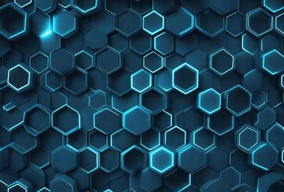 The primary subject of the image is a blue and green geometric pattern. The setting is a blue background, and the visual style appears to be a digital art or illustration. The dominant colors are blue and green, creating a calm and soothing atmosphere.