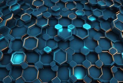The primary subject of the image is a blue and gold patterned surface. The setting is a blue background, and the visual style appears to be a digital art or illustration. The dominant colors are blue and gold, creating a vibrant and lively atmosphere.