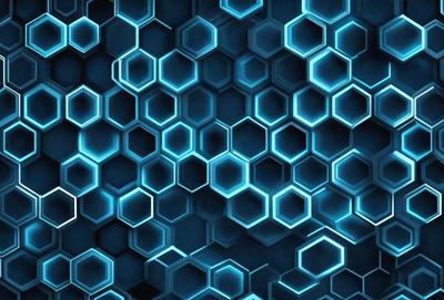 The primary subject of the image is a blue and white honeycomb pattern. The setting is a blue background, and the visual style is a digital art or illustration. The dominant colors are blue and white, creating a calm and soothing atmosphere.