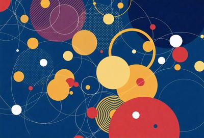 The primary subject of the image is a colorful, abstract design featuring a mix of yellow, orange, and red circles. The setting is a blue background, which contrasts with the vibrant colors of the circles. The visual style appears to be a combination of digital art and illustration, creating a dynamic and eye-catching pattern. The overall atmosphere is lively and energetic, with the bright colors and intricate design elements capturing the viewer's attention.