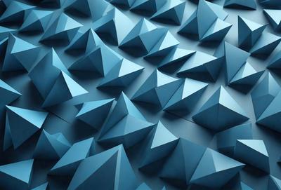 The primary subject of the image is a large blue wall with a pattern of small blue triangles. The setting is a room with a blue background, and the visual style appears to be a digital art or illustration. The dominant colors are blue, and the overall atmosphere is calm and visually appealing.