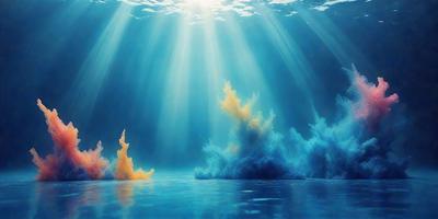 The primary subject of the image is a painting of two boats in the ocean, with one boat being yellow and the other being blue. The setting is a blue ocean, and the visual style appears to be a painting or digital art. The colors and mood of the painting are predominantly blue, creating a serene and calming atmosphere.