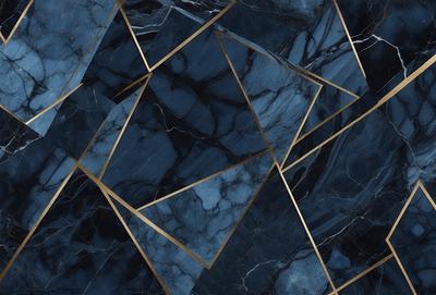 The primary subject of the image is a blue and gold marble pattern. The setting is a blue and gold marble wall, which serves as the background. The visual style is a close-up of the marble pattern, showcasing the intricate details of the design. The colors and mood of the image are predominantly blue and gold, creating a luxurious and elegant atmosphere.